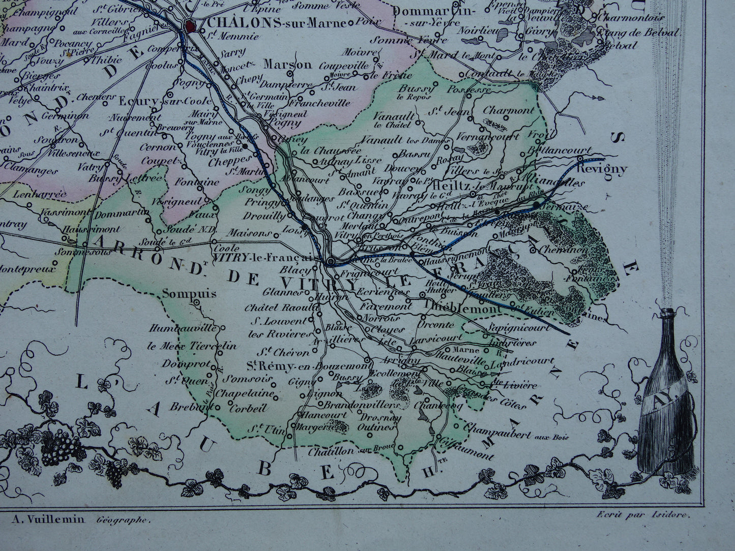 Old map Marne department in France from 1856 original antique hand-colored map Chalons