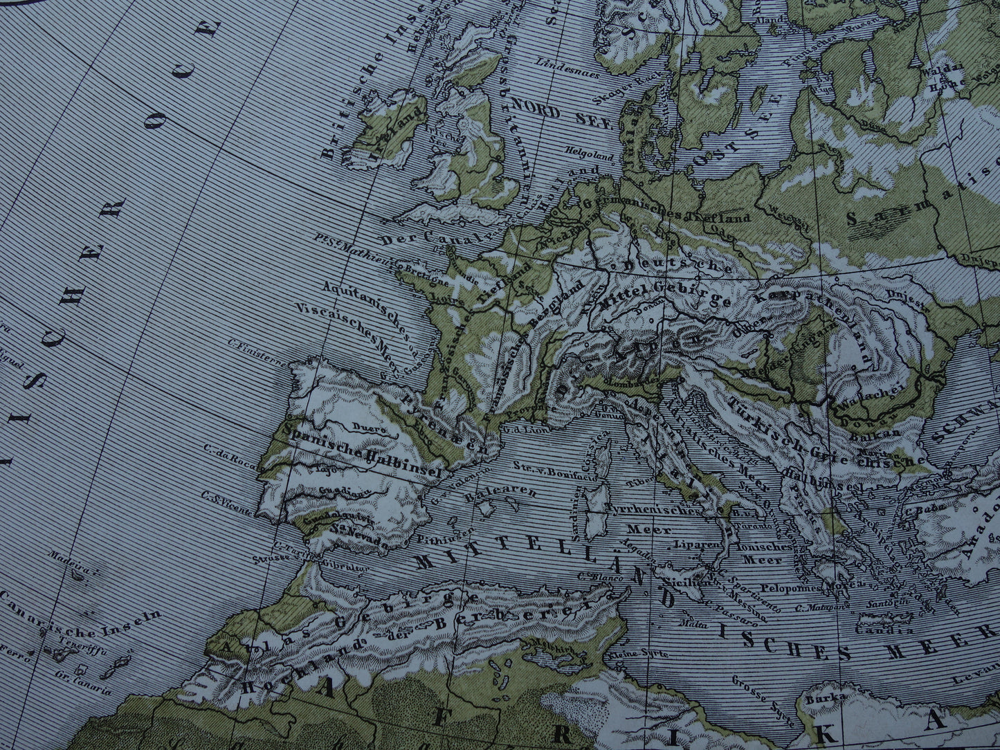 EUROPE antique gold hydrographic map from 1875 old map of rivers and mountains elevation map