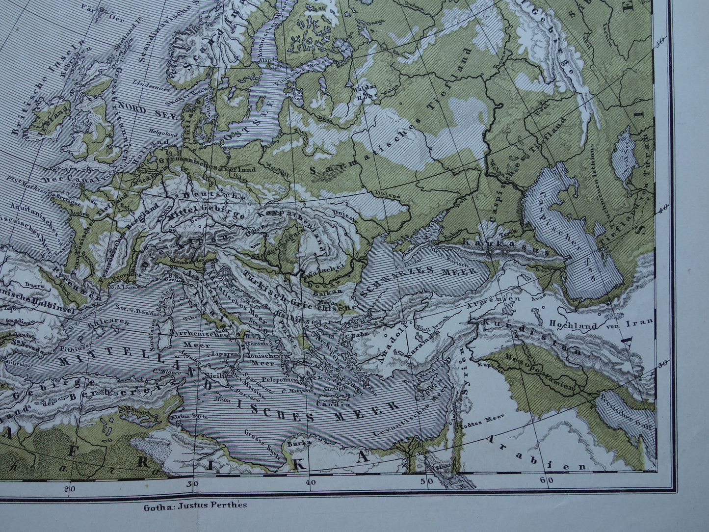 EUROPE antique gold hydrographic map from 1875 old map of rivers and mountains elevation map