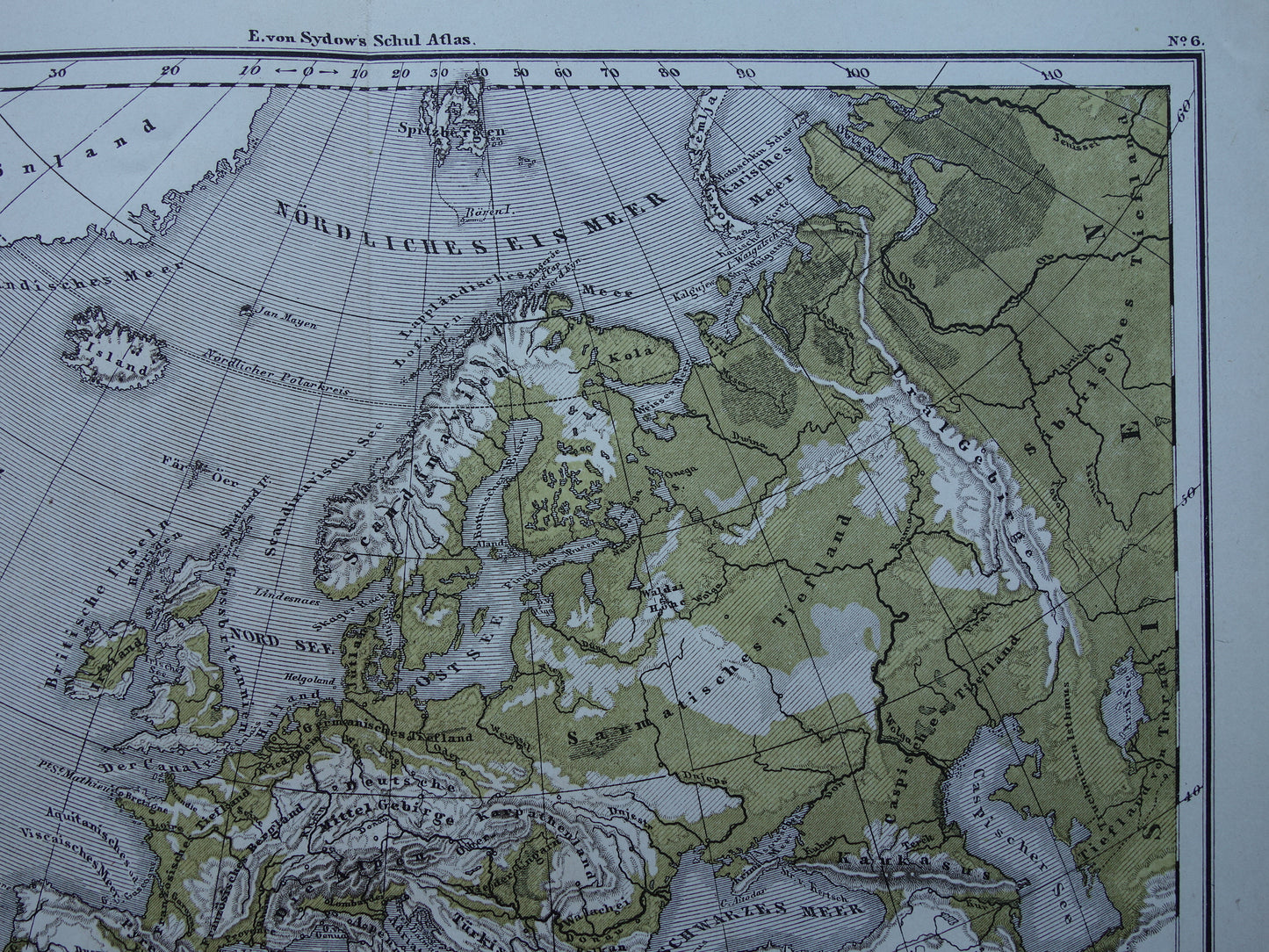 EUROPE antique gold hydrographic map from 1875 old map of rivers and mountains elevation map