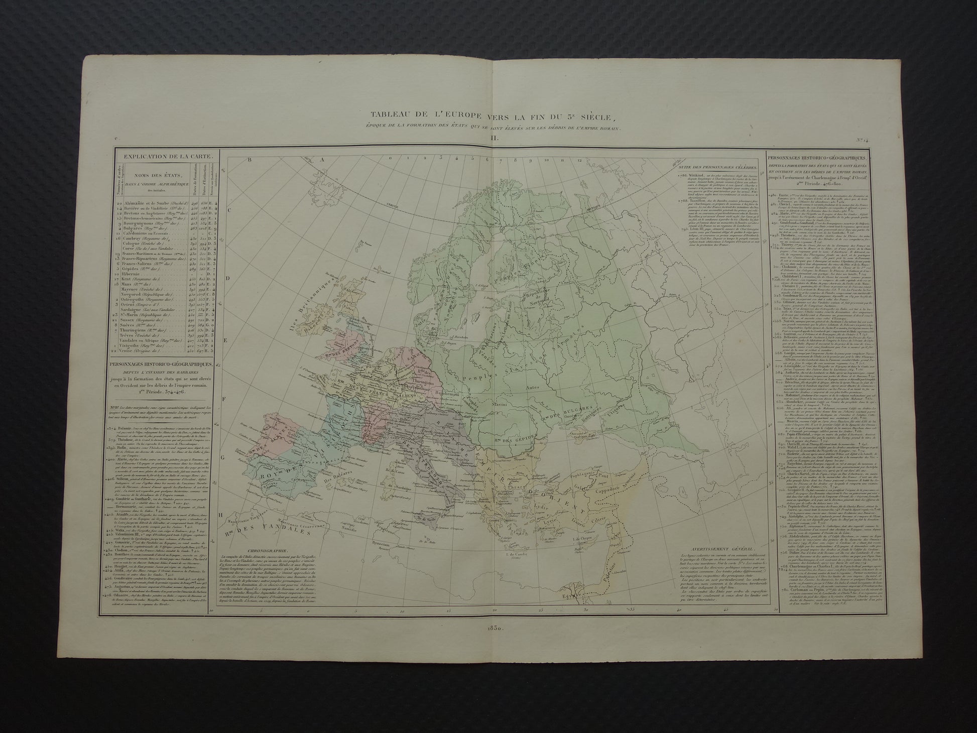 Oude kaart van Europa eind 5e eeuw Val van het Romeinse Rijk originele antieke landkaart uit 1830 geschiedeniskaart