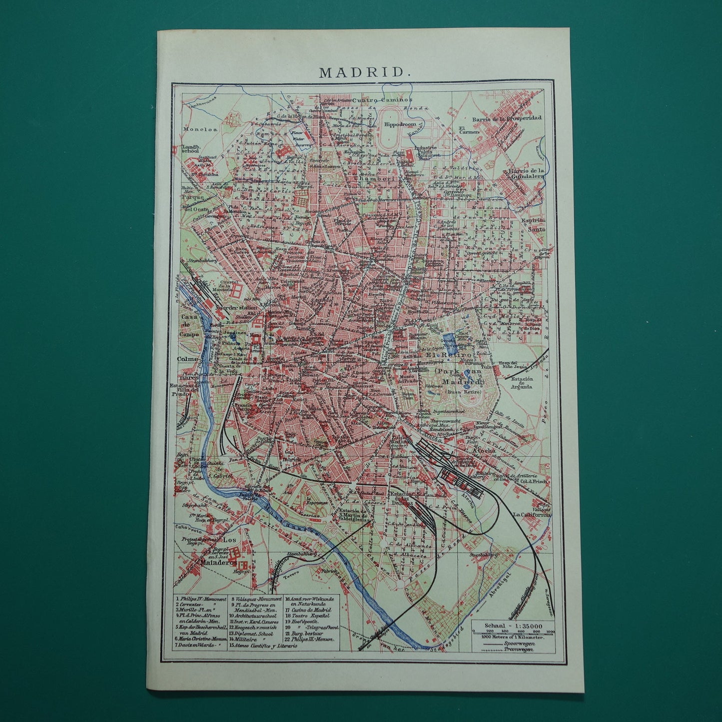 MADRID oude kaart van Madrid Spanje uit 1909 originele antieke plattegrond vintage landkaart