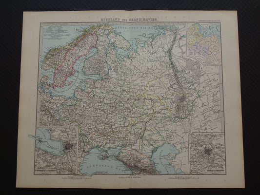 RUSLAND Oude kaart van Europees Rusland uit 1890 originele antieke handgekleurde landkaart