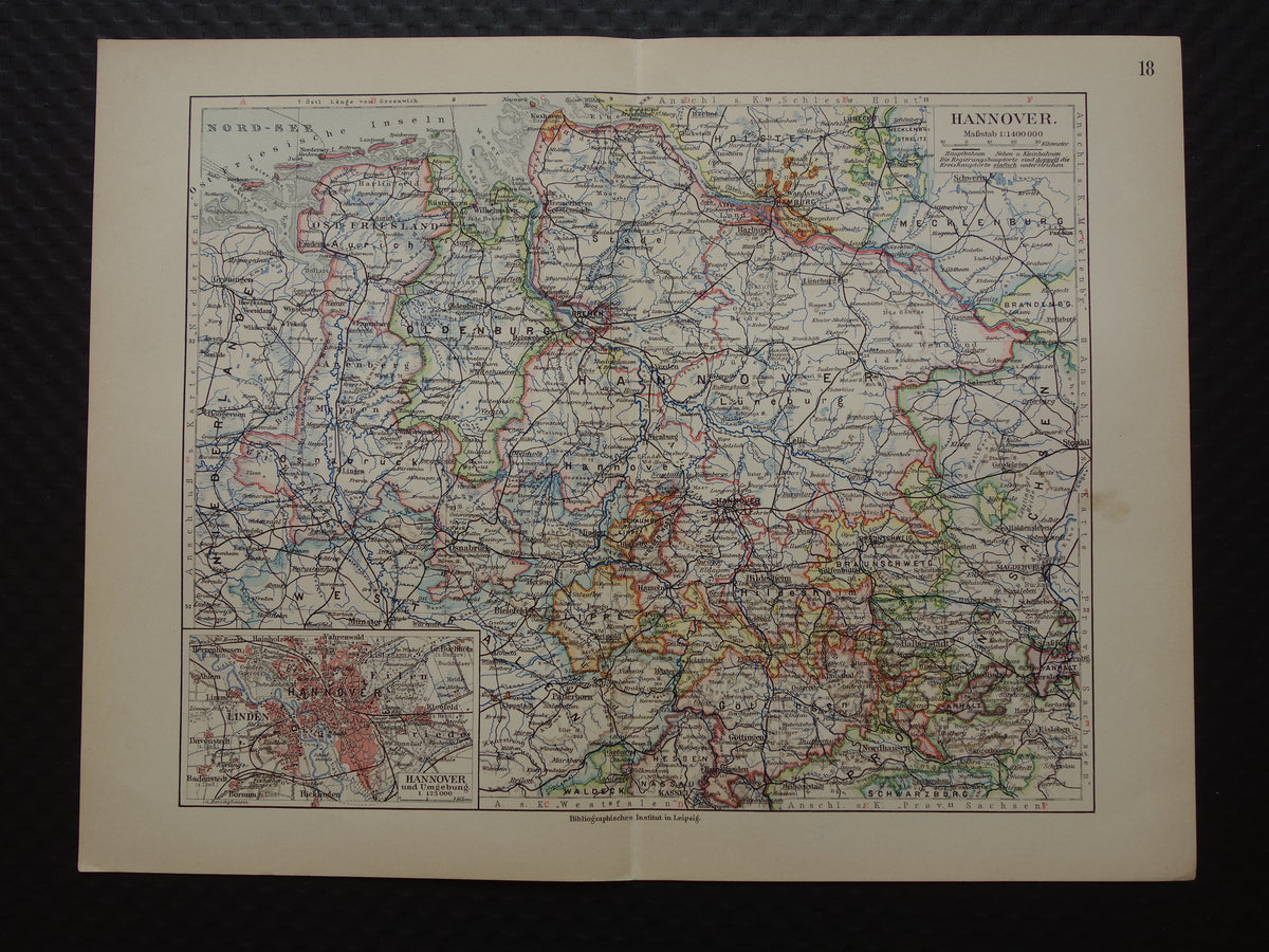 DUITSLAND oude kaart van Nedersaksen Hannover Bremen Hamburg 1913 originele antieke Duitse landkaart van noordwest Duitsland