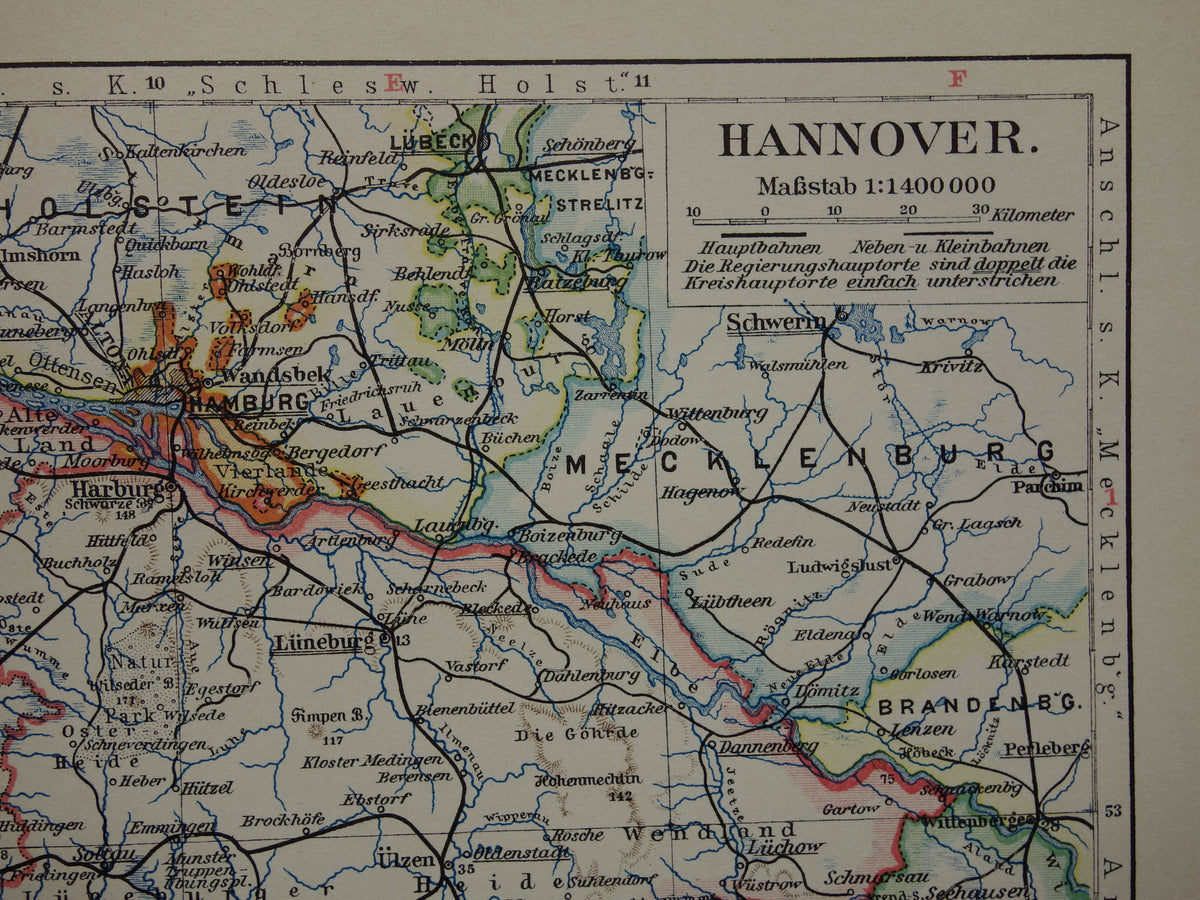 DUITSLAND oude kaart van Nedersaksen Hannover Bremen Hamburg 1913 originele antieke Duitse landkaart van noordwest Duitsland