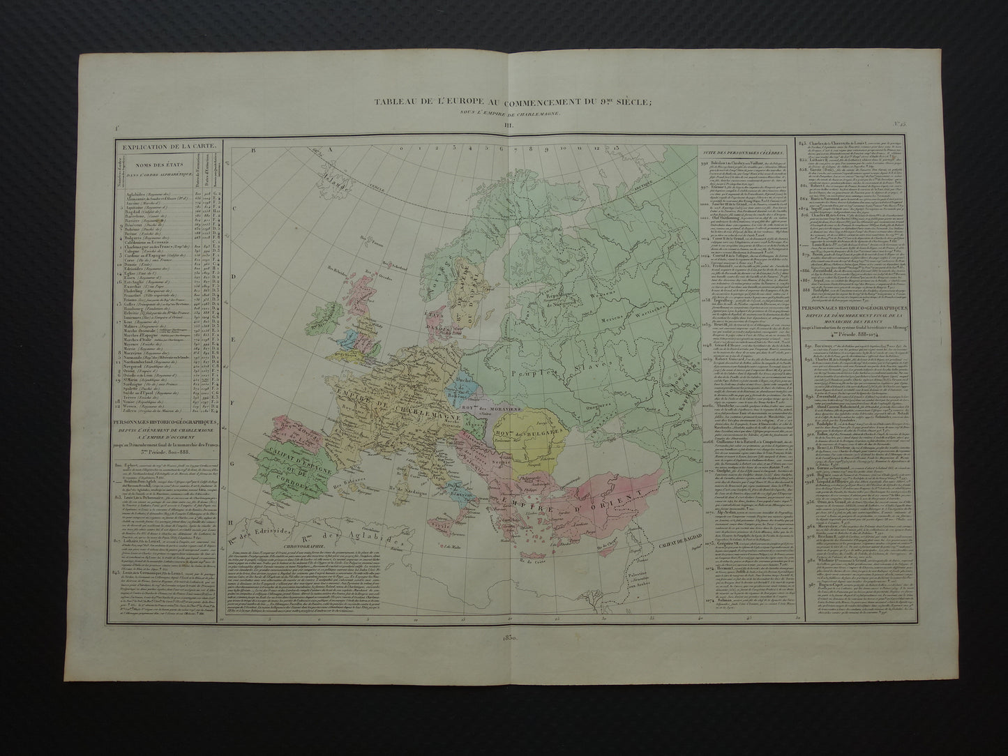 Oude kaart van Europa begin  9e eeuw Rijk Karel de Grote originele antieke landkaart uit 1830 geschiedeniskaart