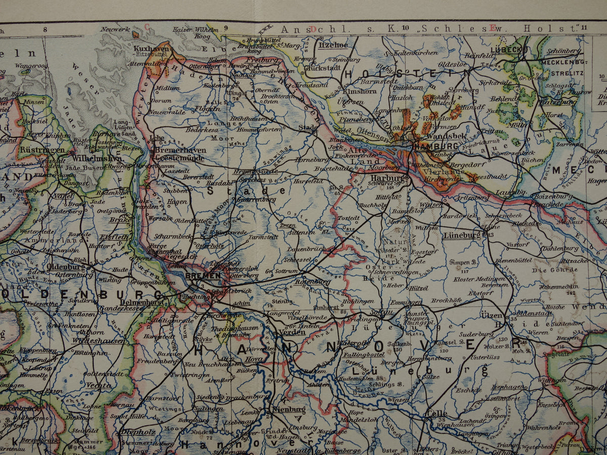 DUITSLAND oude kaart van Nedersaksen Hannover Bremen Hamburg 1913 originele antieke Duitse landkaart van noordwest Duitsland