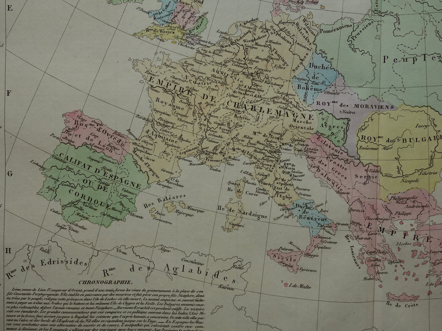 Old map of Europe early 9th century Empire Charlemagne original antique map from 1830 history map