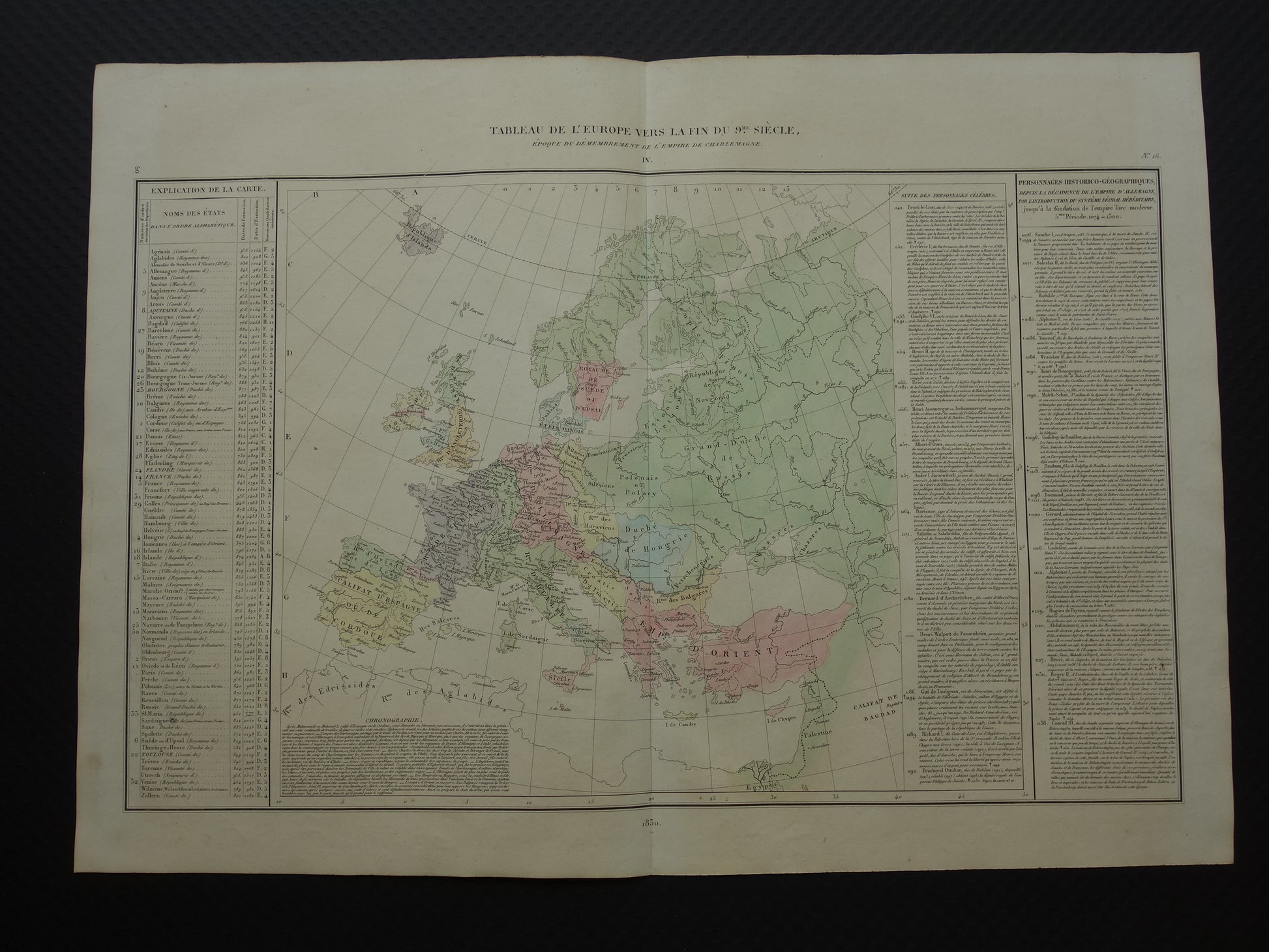 Oude kaart van Europa eind 9e eeuw Opdeling rijk Karel de Grote originele antieke landkaart uit 1830 geschiedeniskaart