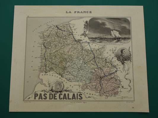 Old map of Pas-de-Calais department in France from 1870 original vintage hand colored map Arras