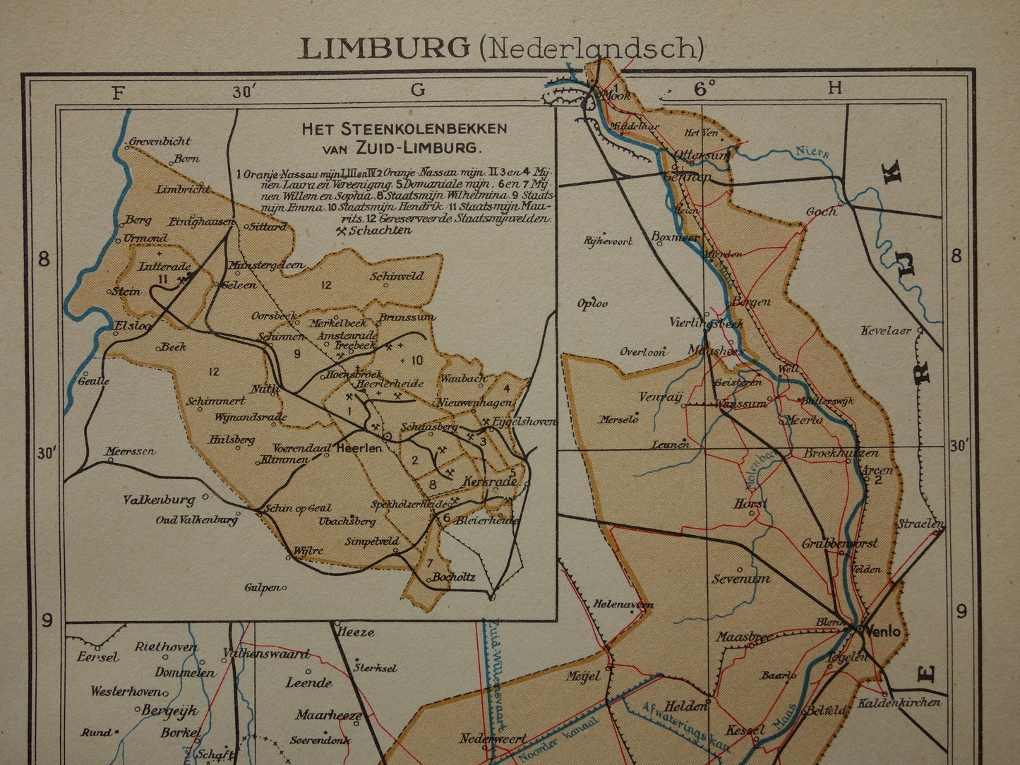 LIMBURG Old map of the province of Limburg from 1936 Original vintage Dutch map small