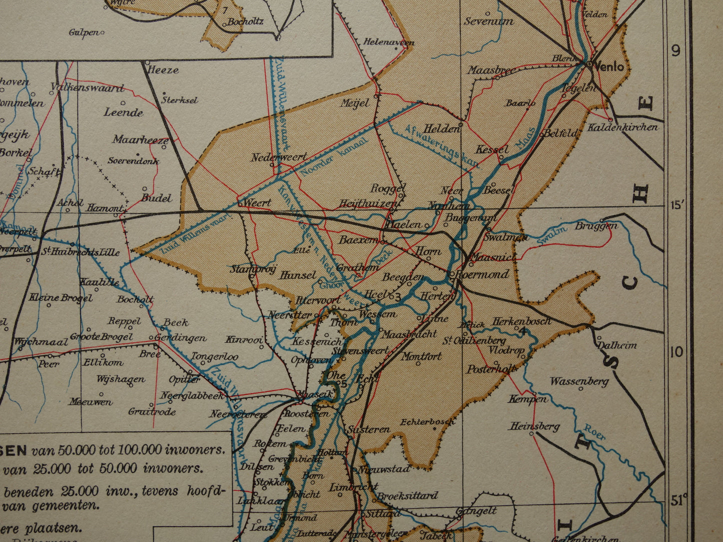 LIMBURG Old map of the province of Limburg from 1936 Original vintage Dutch map small