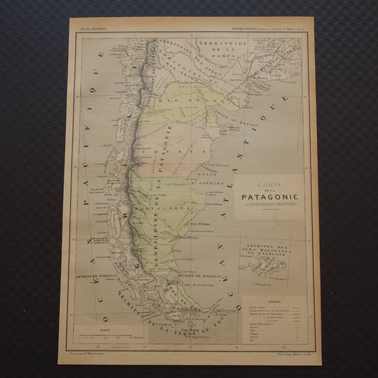 Oude kaart van Patagonië Originele antieke handgekleurde landkaart Brazilië Argentinië 1896