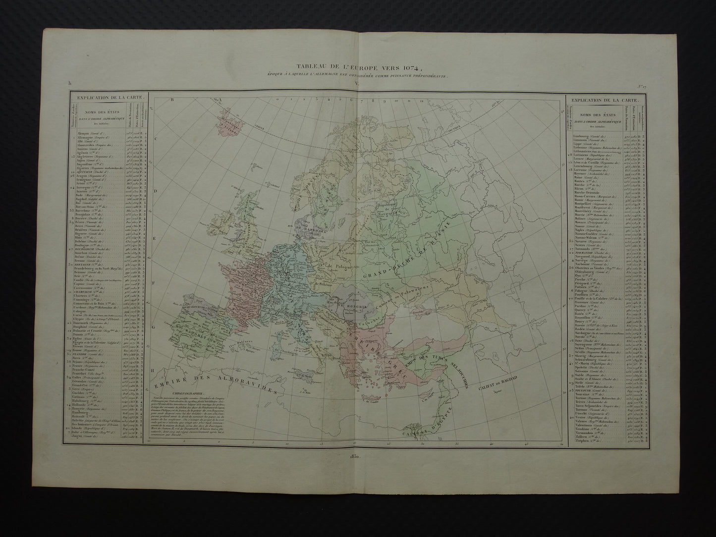 Oude kaart van Europa rond het jaar 1074 originele antieke landkaart uit 1830 geschiedeniskaart