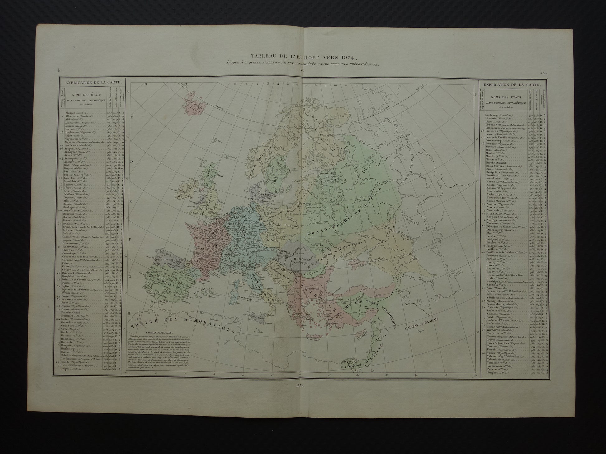 Oude kaart van Europa rond het jaar 1074 originele antieke landkaart uit 1830 geschiedeniskaart