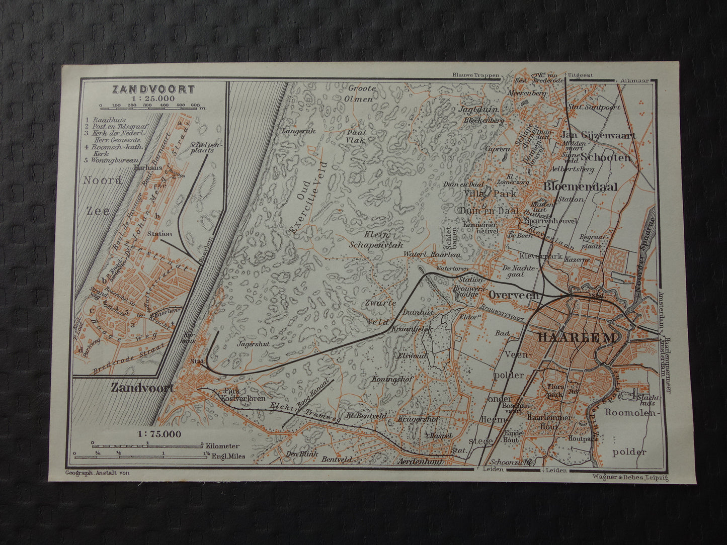 Zandvoort en Haarlem kleine oude landkaart uit 1904 kleine originele antieke kaart vintage print Bloemendaal Overveen
