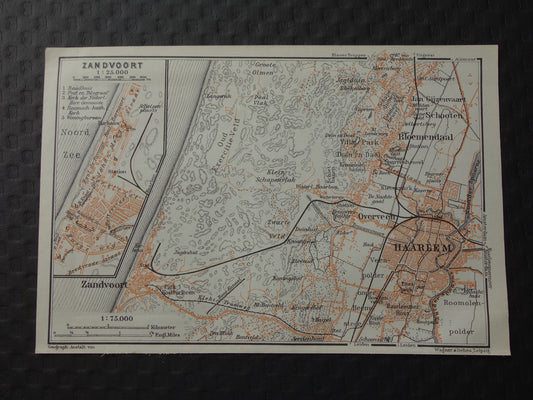 Zandvoort en Haarlem kleine oude landkaart uit 1904 kleine originele antieke kaart vintage print Bloemendaal Overveen
