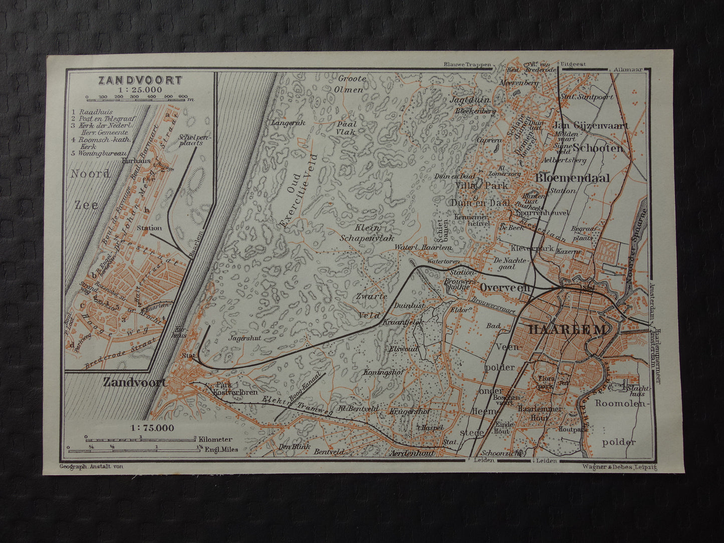 Zandvoort and Haarlem small old map from 1904 small original antique map vintage print Bloemendaal Overveen