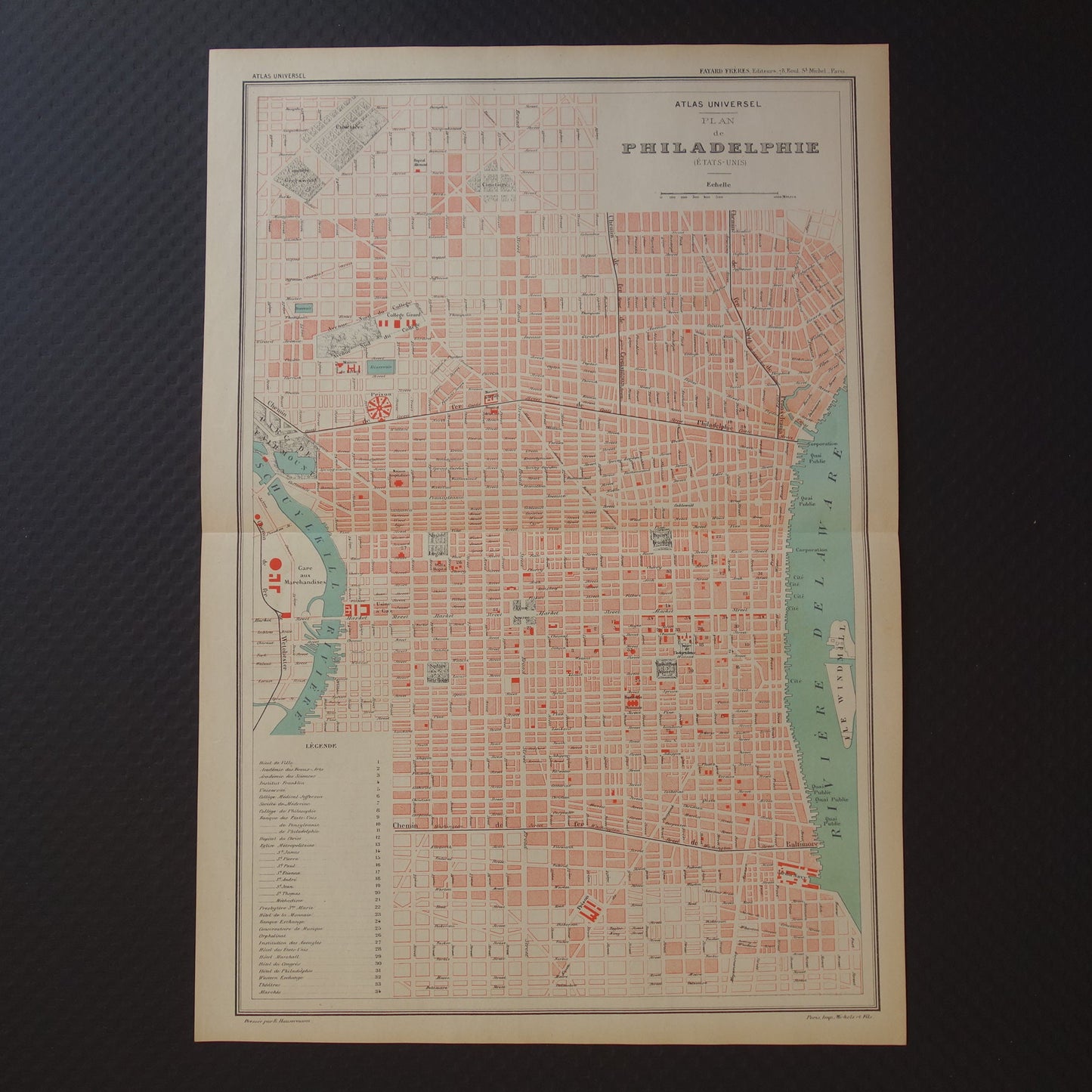 PHILADELPHIA oude plattegrond uit 1877 originele antieke Franse kaart van Philadelphia