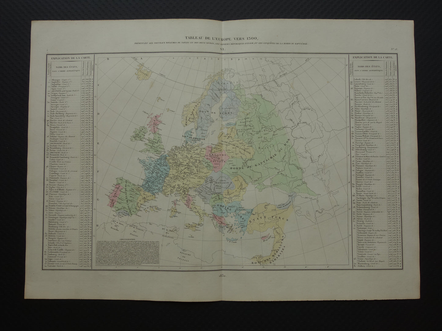 Tableau de l'Europe vers 1300 presentant les nouveaux royaumes de naples et des deux-siciles,  les diverses republiques d'italie et les conquetes de la horde du kaptschak