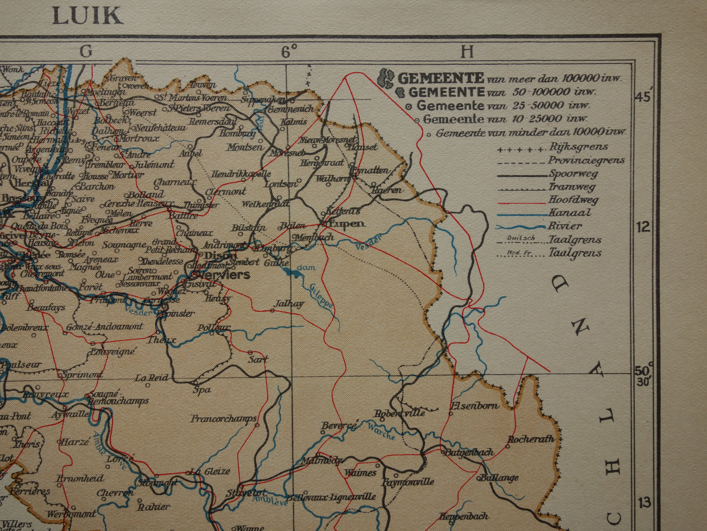 LIEGE Old map of the province of Liege Belgium from 1936 Original vintage Dutch map