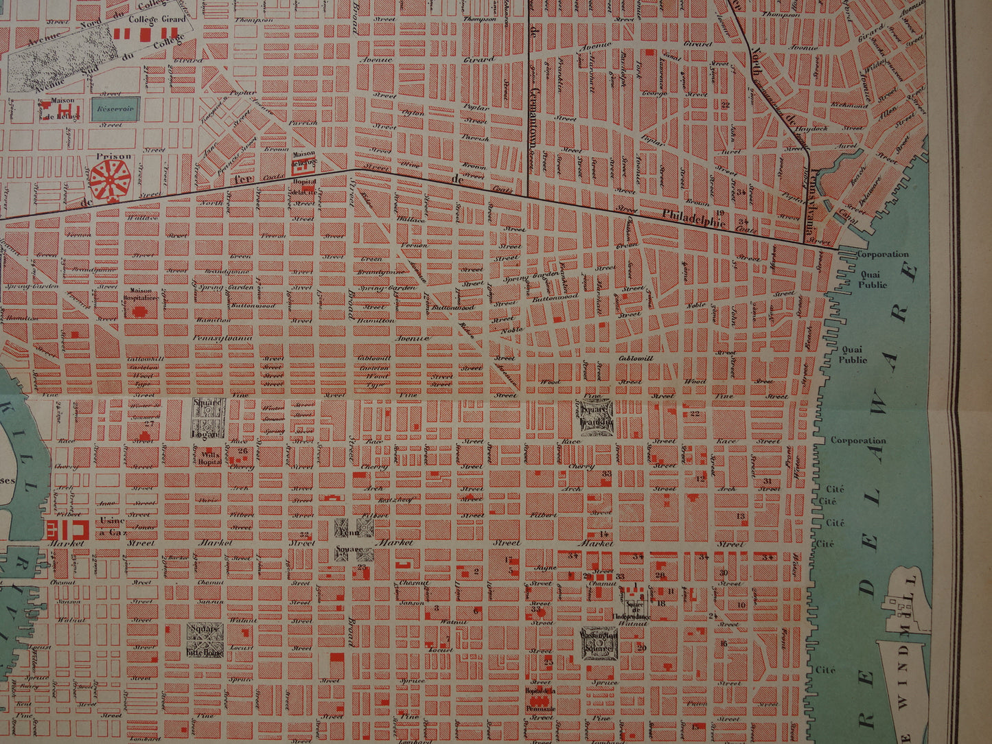 PHILADELPHIA old map from 1877 original antique French map of Philadelphia