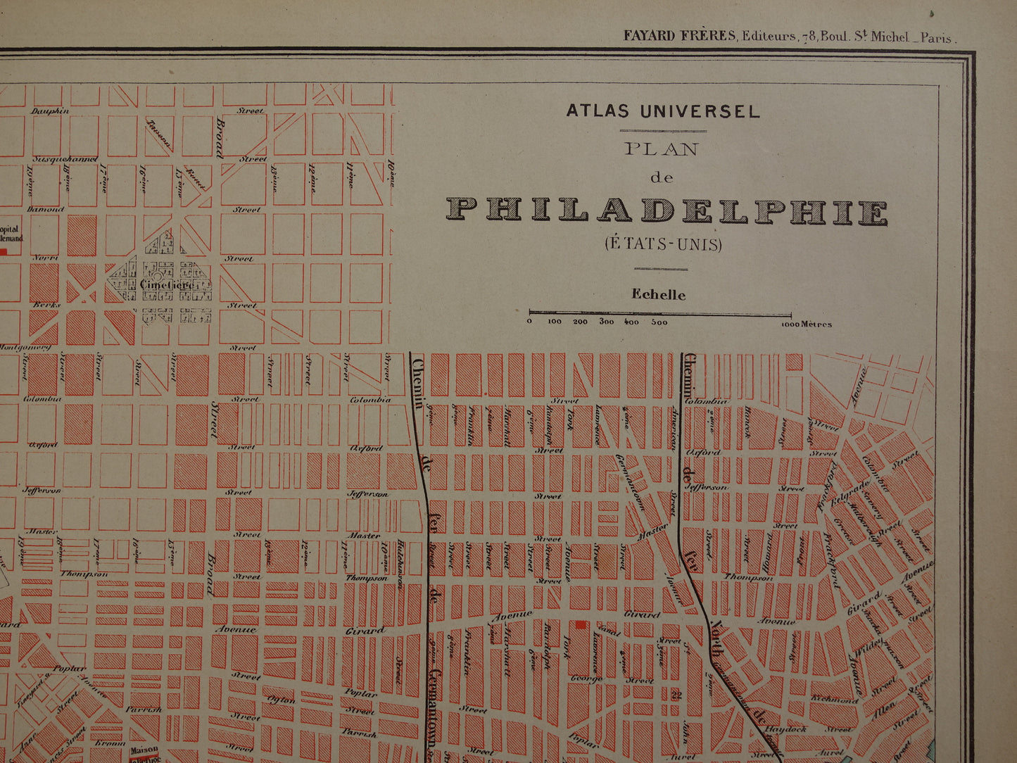 PHILADELPHIA old map from 1877 original antique French map of Philadelphia