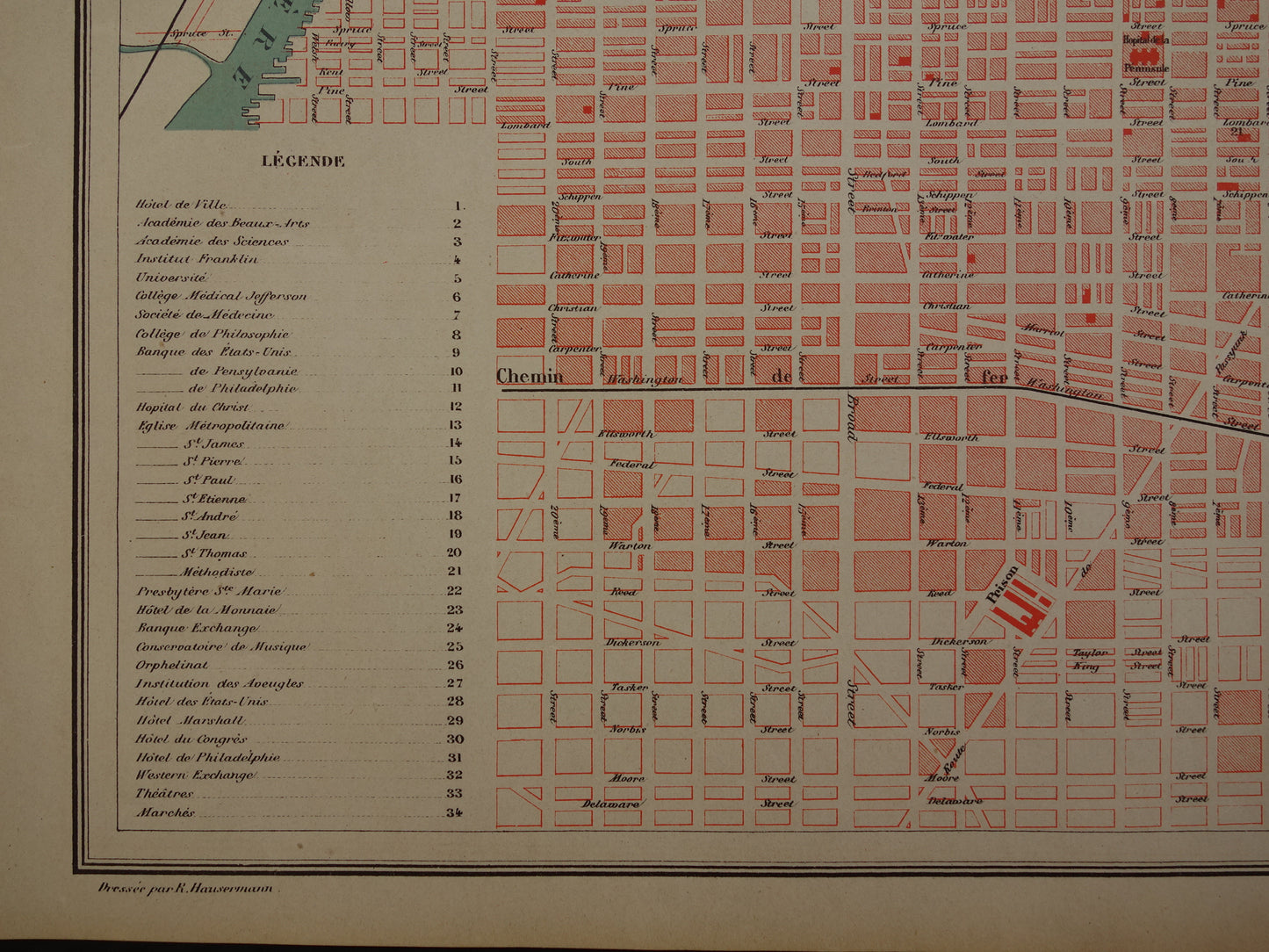 PHILADELPHIA old map from 1877 original antique French map of Philadelphia
