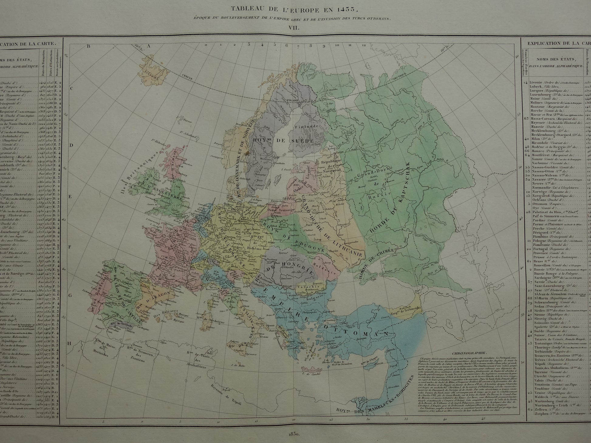 Oude kaart van Europa in het jaar 1455 Grootvorstendom Litouwen originele antieke landkaart uit 1830 geschiedeniskaart