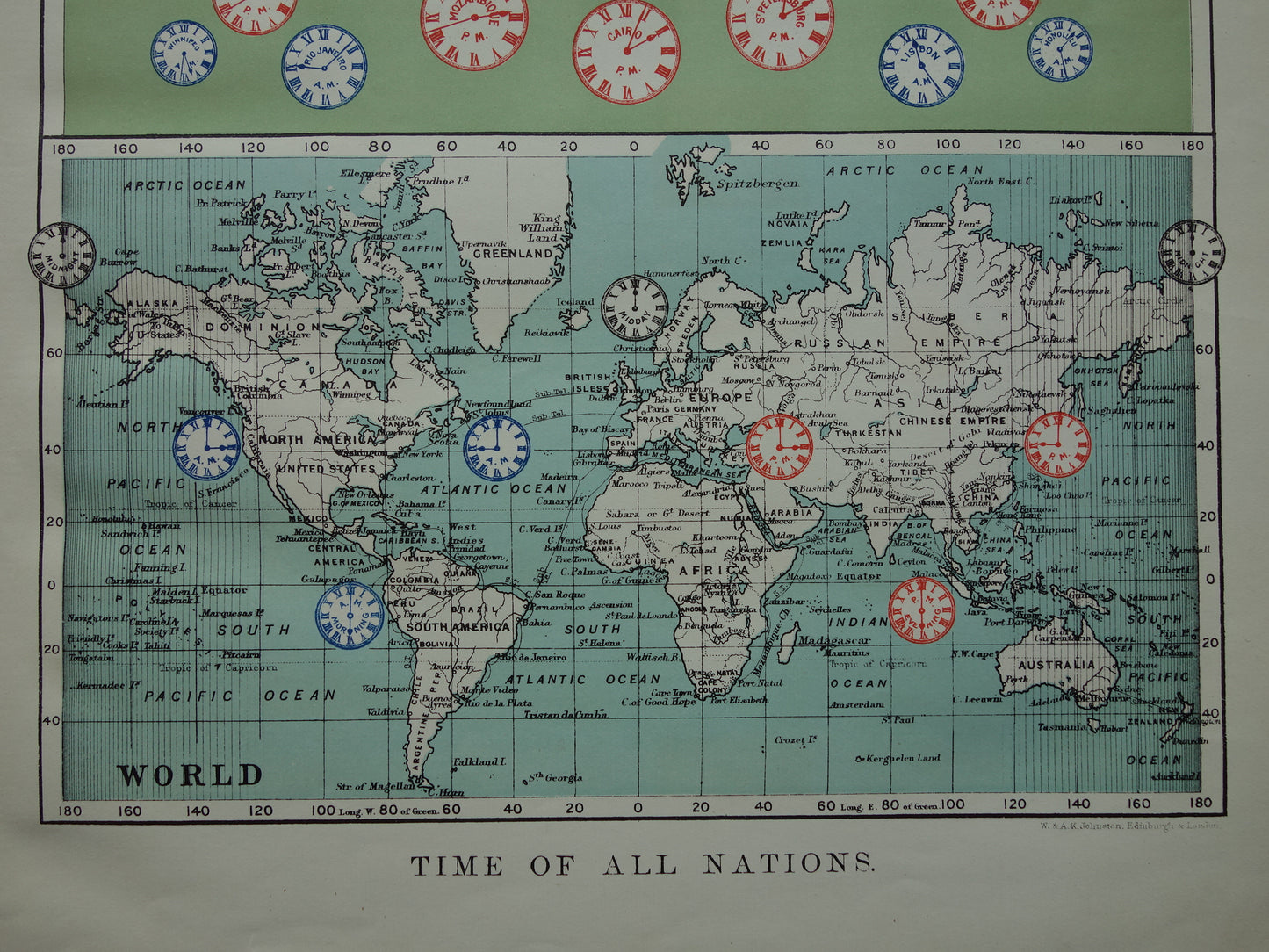 TIME ZONES Old print with world map and clocks about time zone division from 1901 original antique English map