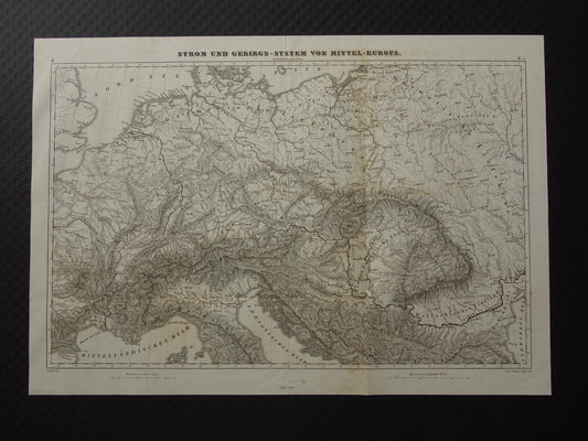 MIDDEN-EUROPA oude landkaart van rivieren en gebergten uit 1849 originele vintage historische kaarten Duitsland Oostenrijk Zwitserland Alpen bergen hoogtekaart