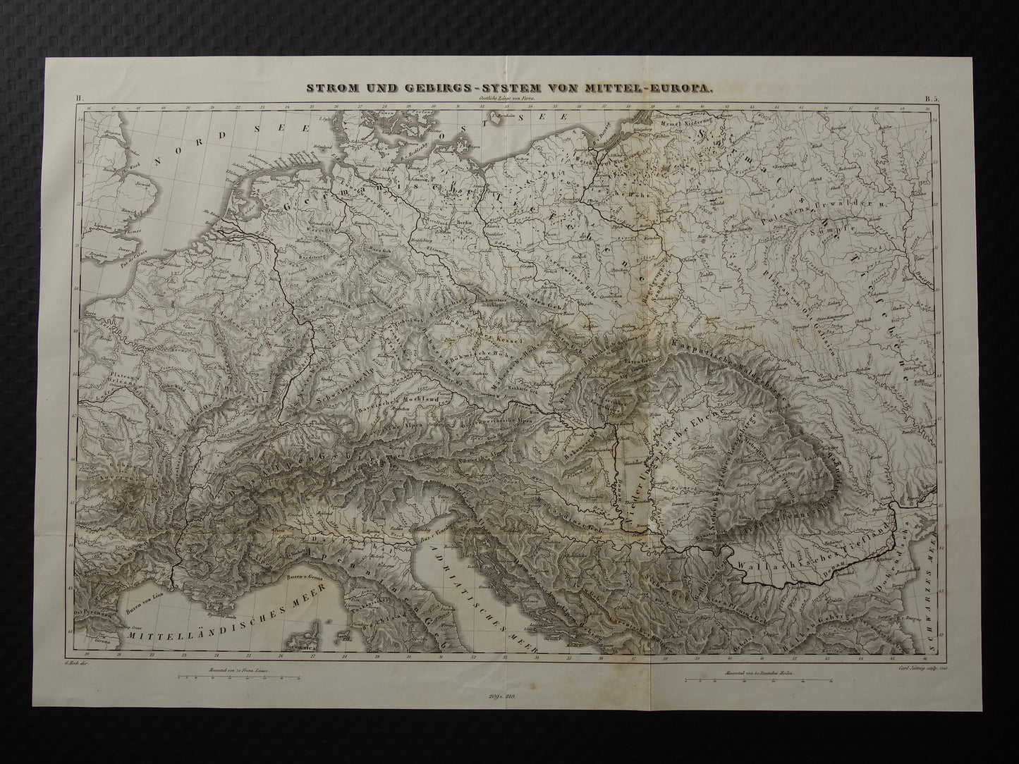 CENTRAL EUROPE old map of rivers and mountains from 1849 original vintage historical maps Germany Austria Switzerland Alps mountains elevation map