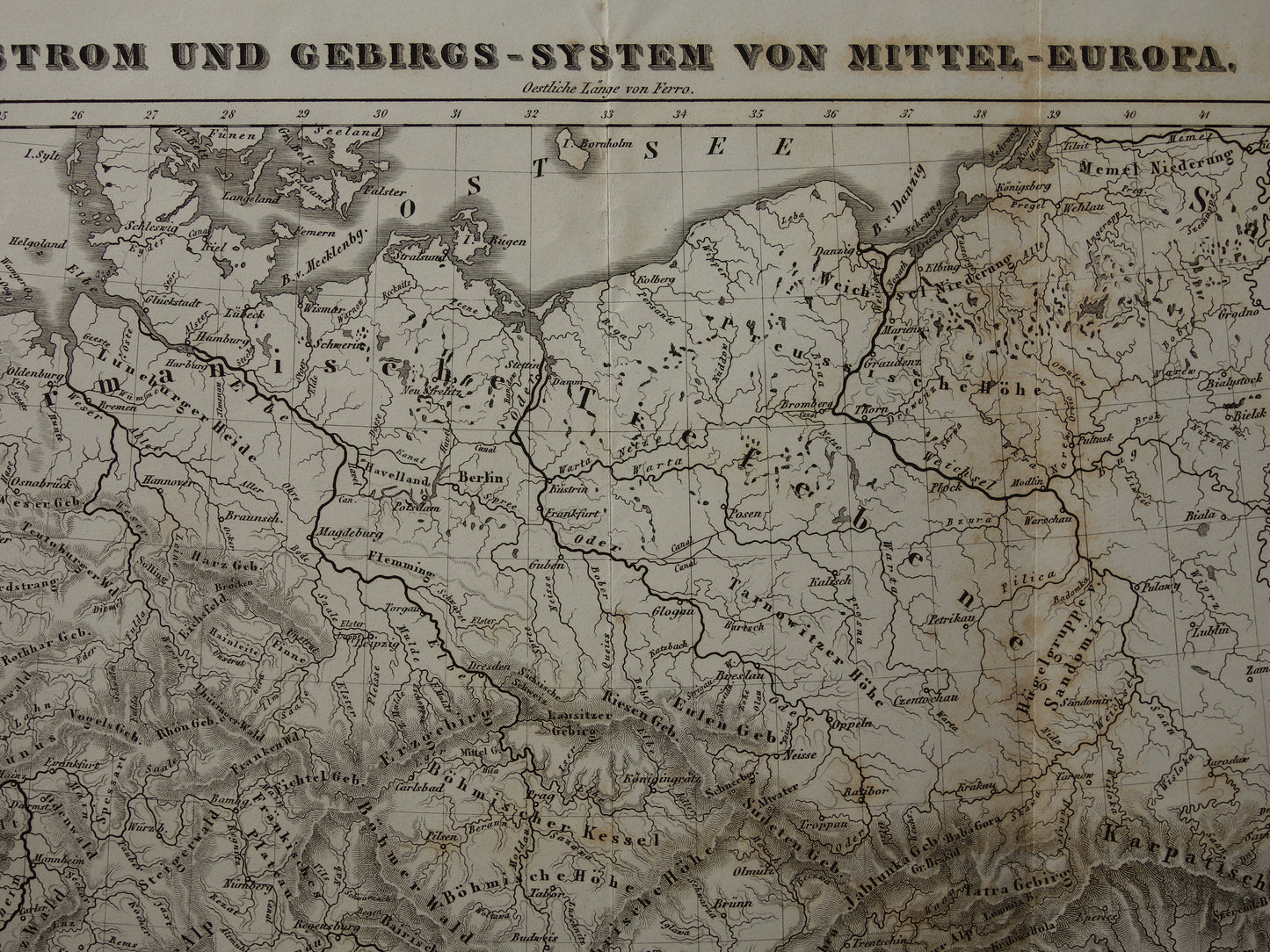 CENTRAL EUROPE old map of rivers and mountains from 1849 original vintage historical maps Germany Austria Switzerland Alps mountains elevation map