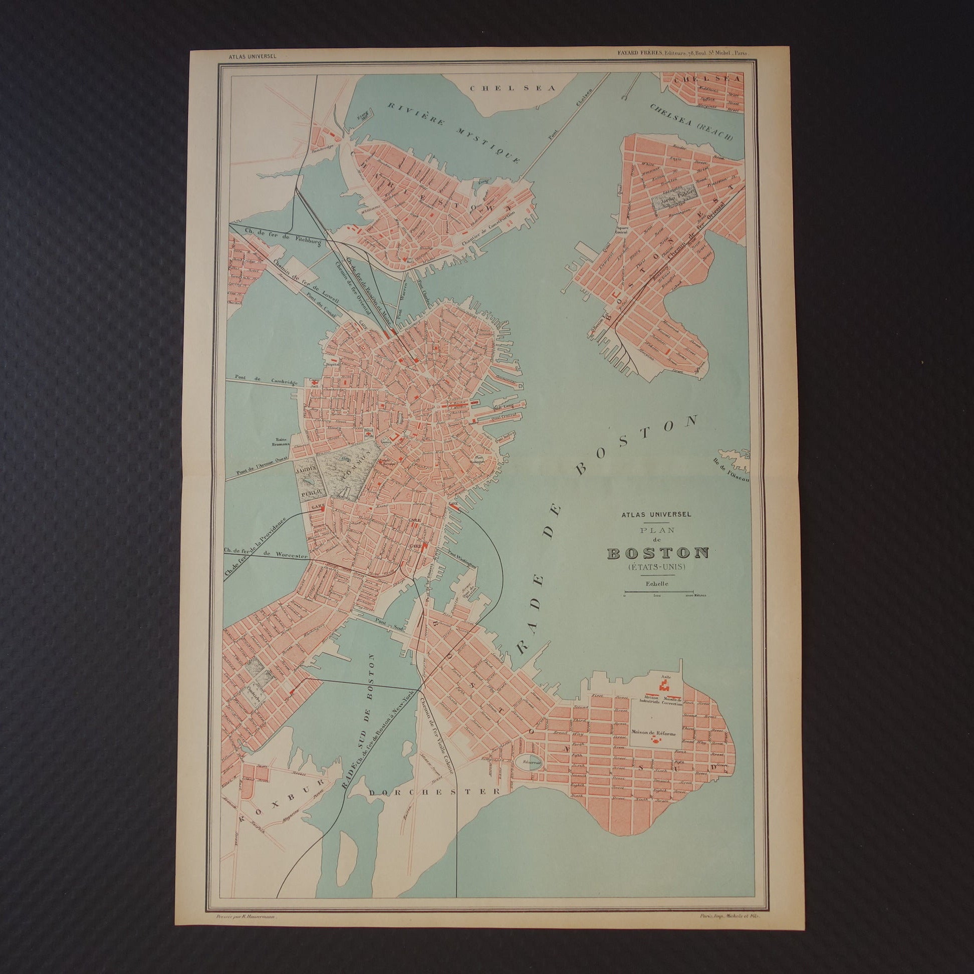 BOSTON oude plattegrond uit 1877 originele antieke Franse kaart van Boston