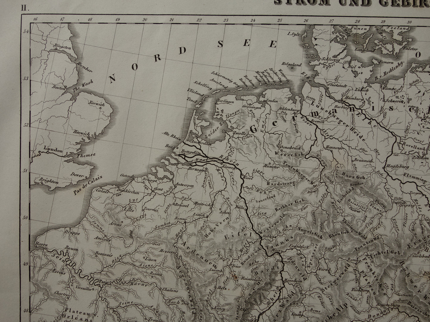 CENTRAL EUROPE old map of rivers and mountains from 1849 original vintage historical maps Germany Austria Switzerland Alps mountains elevation map