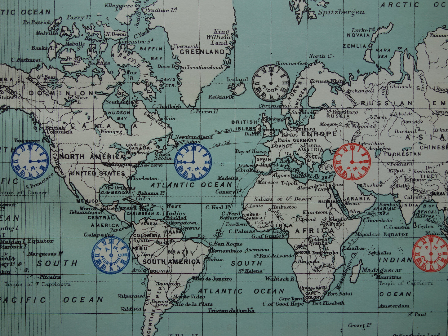 TIME ZONES Old print with world map and clocks about time zone division from 1901 original antique English map