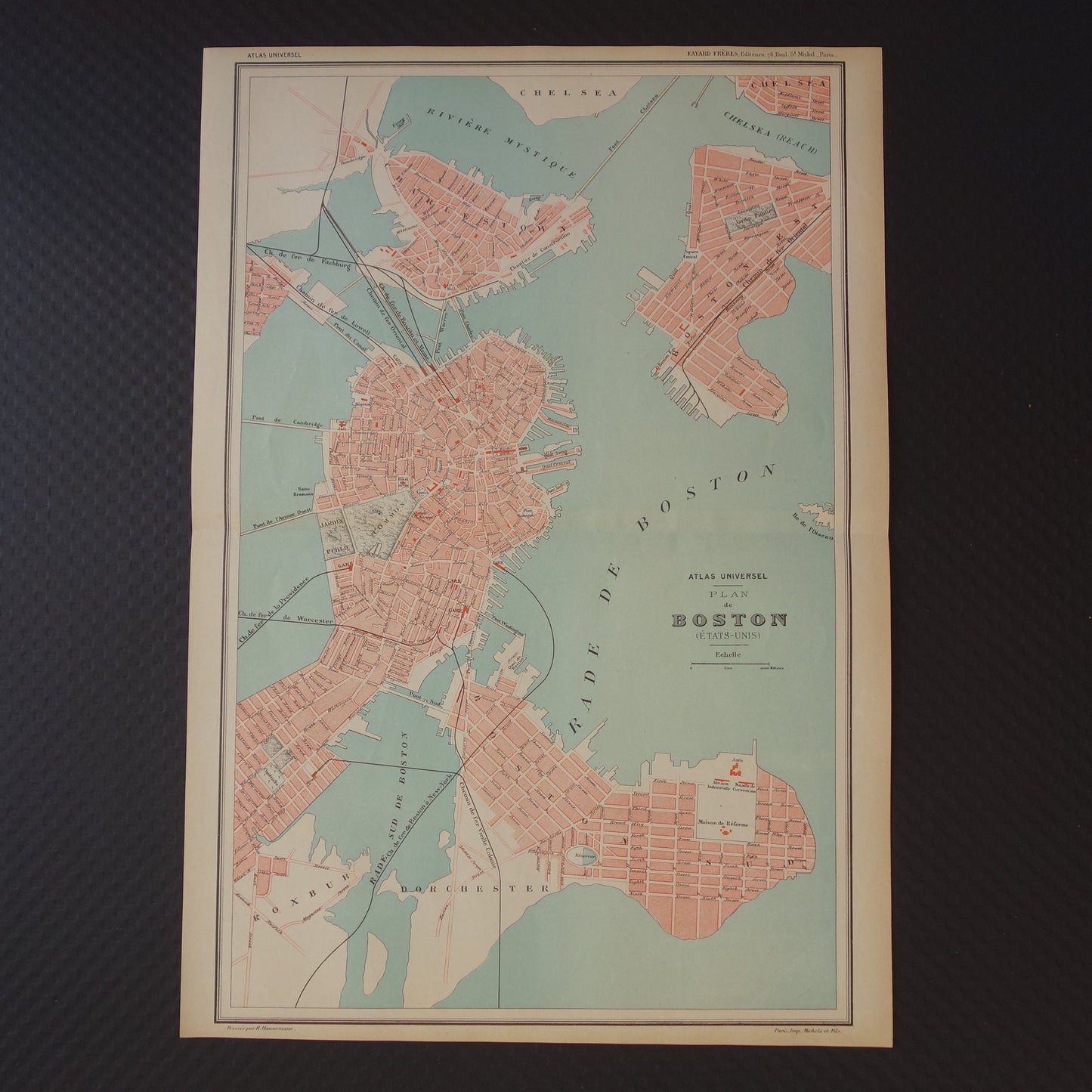 BOSTON oude plattegrond uit 1877 originele antieke Franse kaart van Boston