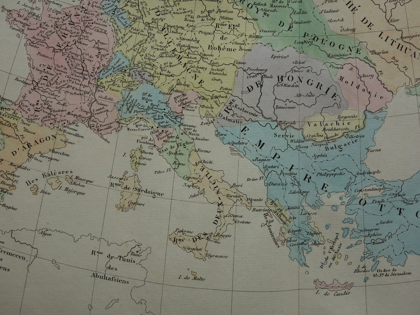 Oude kaart van Europa in het jaar 1455 Grootvorstendom Litouwen originele antieke landkaart uit 1830 geschiedeniskaart
