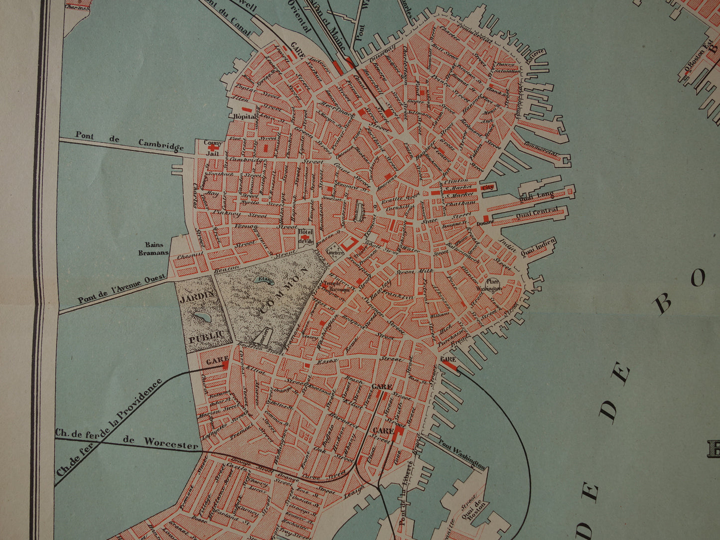 BOSTON oude plattegrond uit 1877 originele antieke Franse kaart van Boston