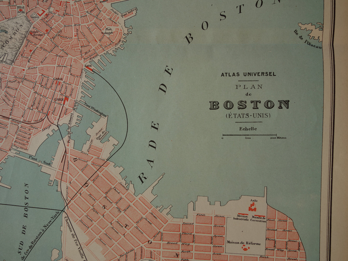 BOSTON oude plattegrond uit 1877 originele antieke Franse kaart van Boston