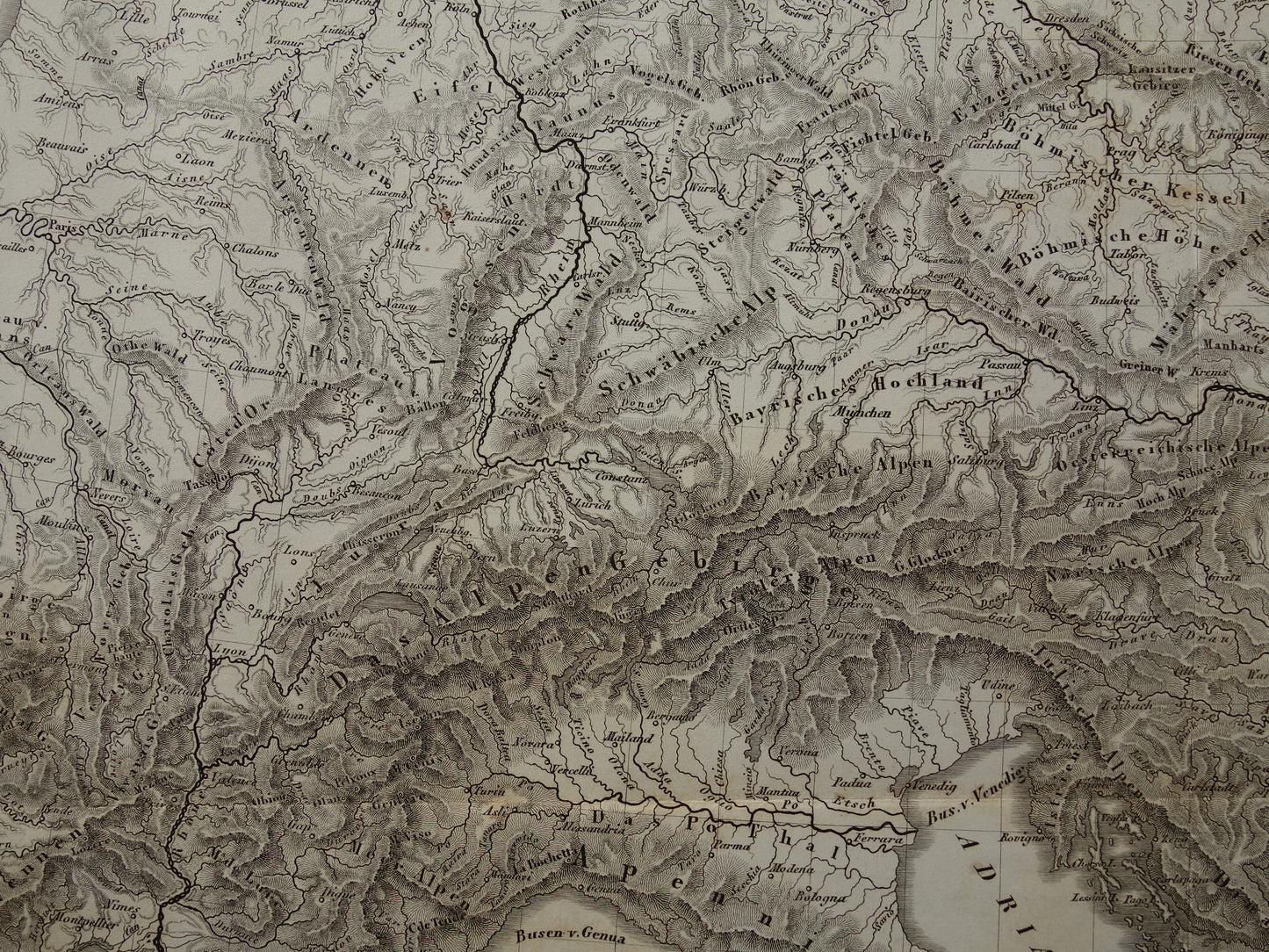 CENTRAL EUROPE old map of rivers and mountains from 1849 original vintage historical maps Germany Austria Switzerland Alps mountains elevation map