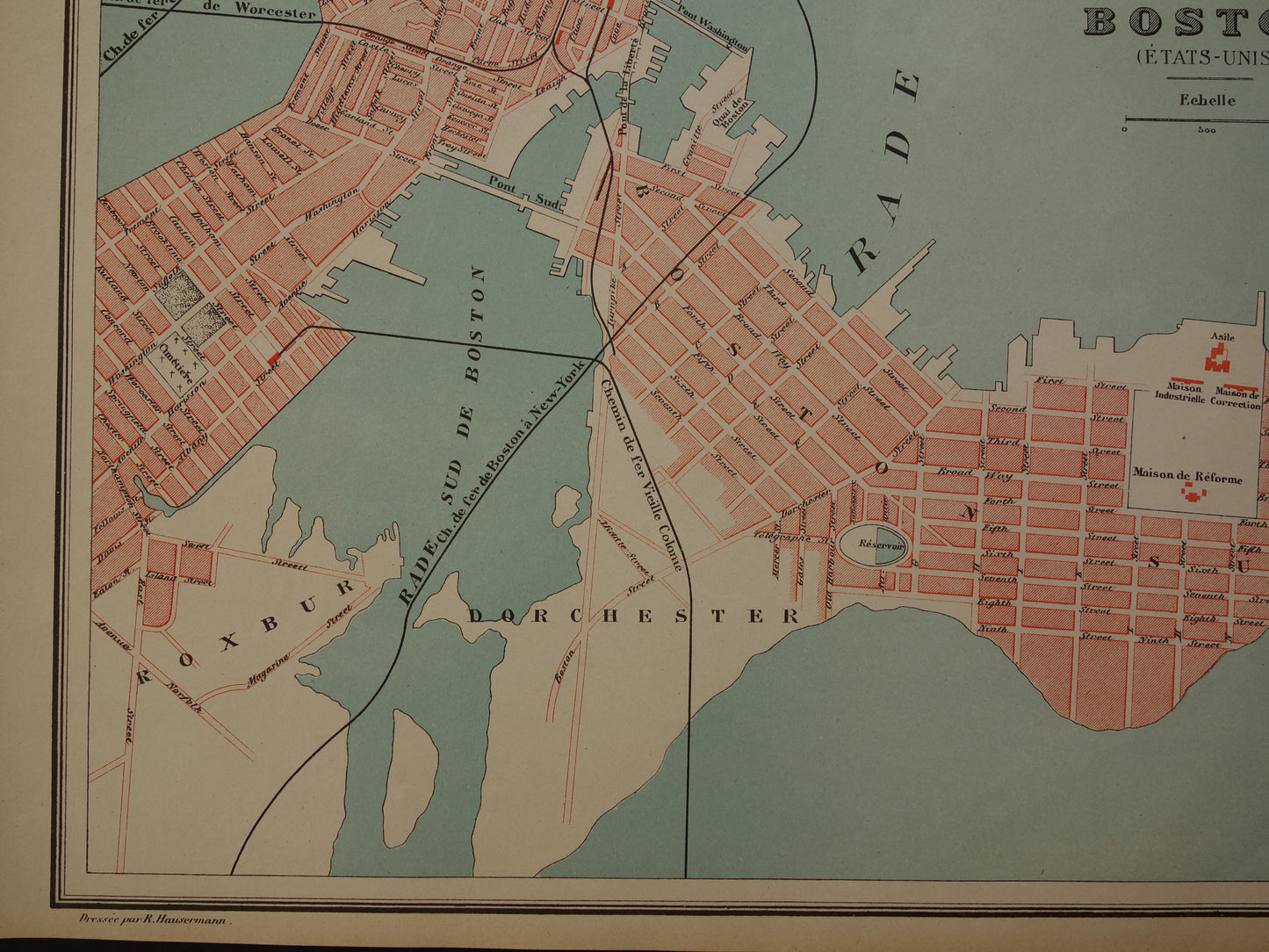 BOSTON oude plattegrond uit 1877 originele antieke Franse kaart van Boston