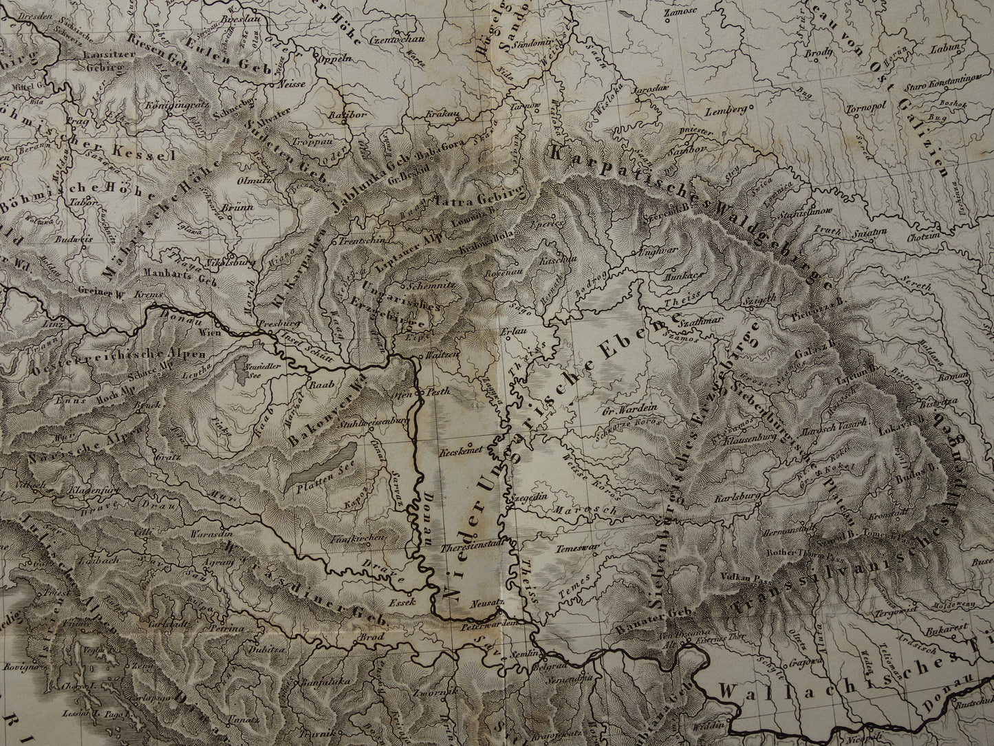 CENTRAL EUROPE old map of rivers and mountains from 1849 original vintage historical maps Germany Austria Switzerland Alps mountains elevation map