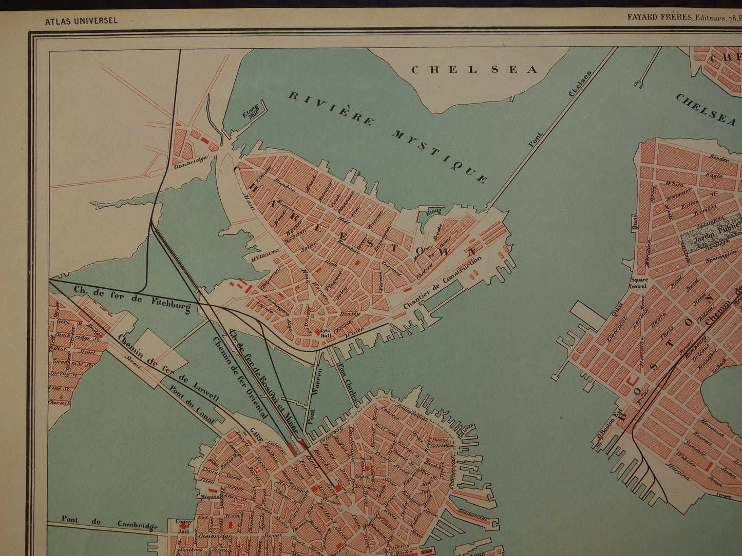 BOSTON oude plattegrond uit 1877 originele antieke Franse kaart van Boston