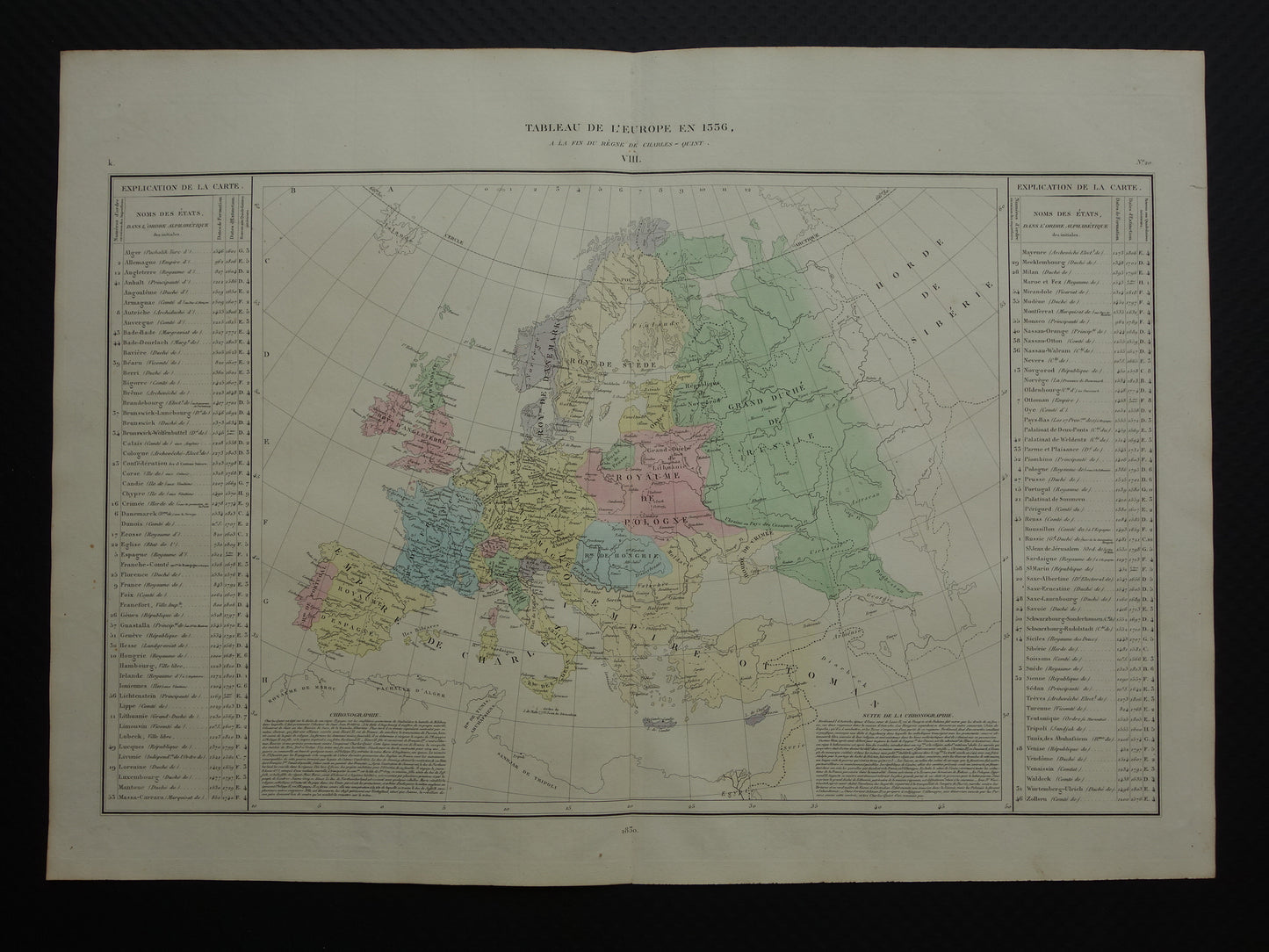 Old map of Europe in the year 1556 Emperor Charles V original antique map from 1830 history map