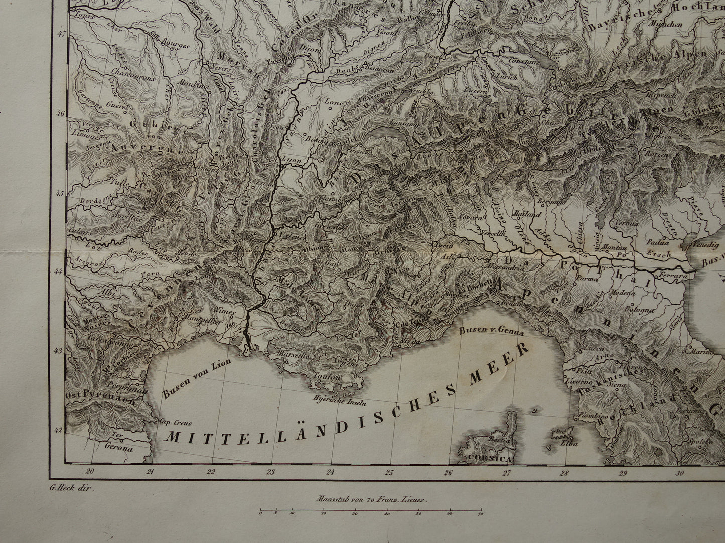 CENTRAL EUROPE old map of rivers and mountains from 1849 original vintage historical maps Germany Austria Switzerland Alps mountains elevation map