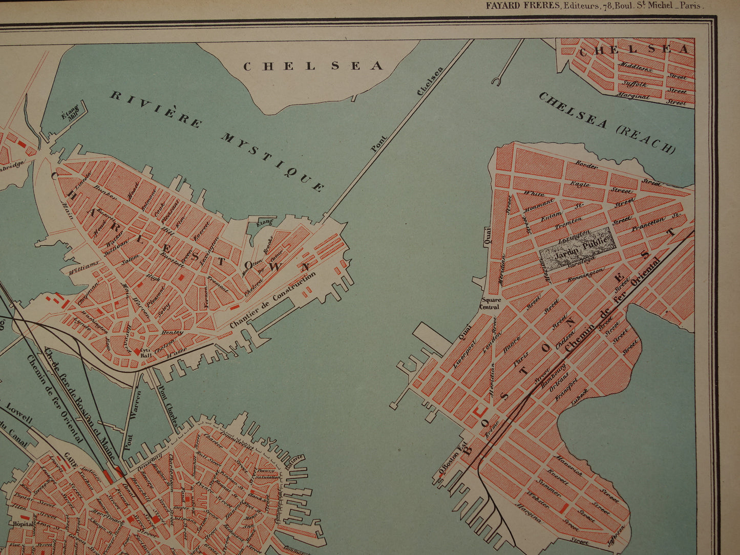BOSTON oude plattegrond uit 1877 originele antieke Franse kaart van Boston
