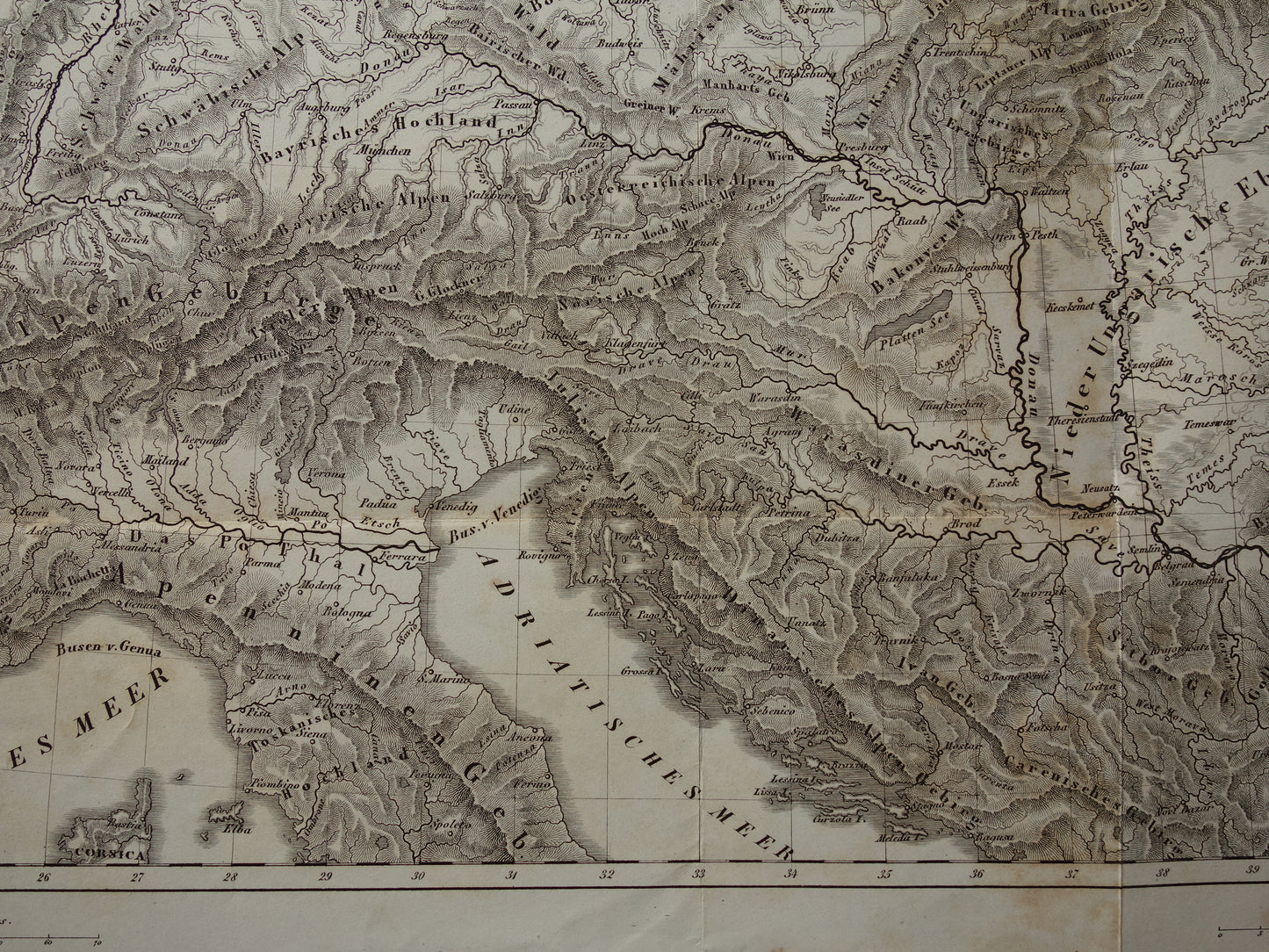 CENTRAL EUROPE old map of rivers and mountains from 1849 original vintage historical maps Germany Austria Switzerland Alps mountains elevation map