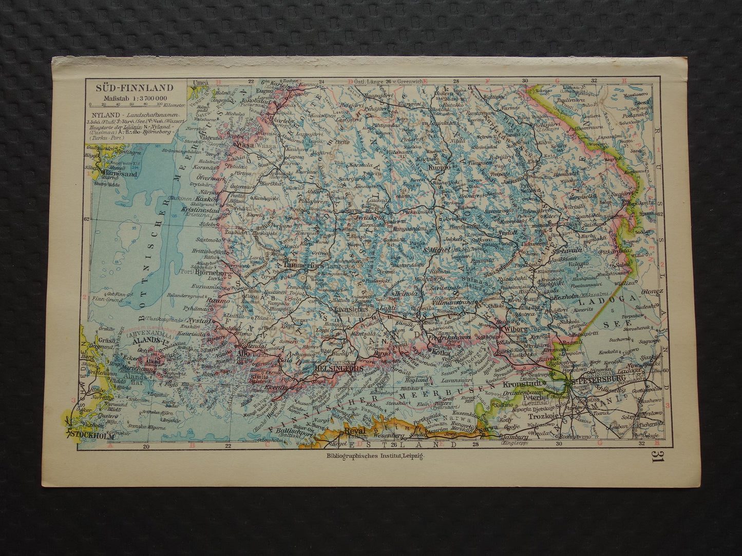 FINLAND Oude kaart van Zuid-Finland in 1928 originele Duitse vintage historische landkaart