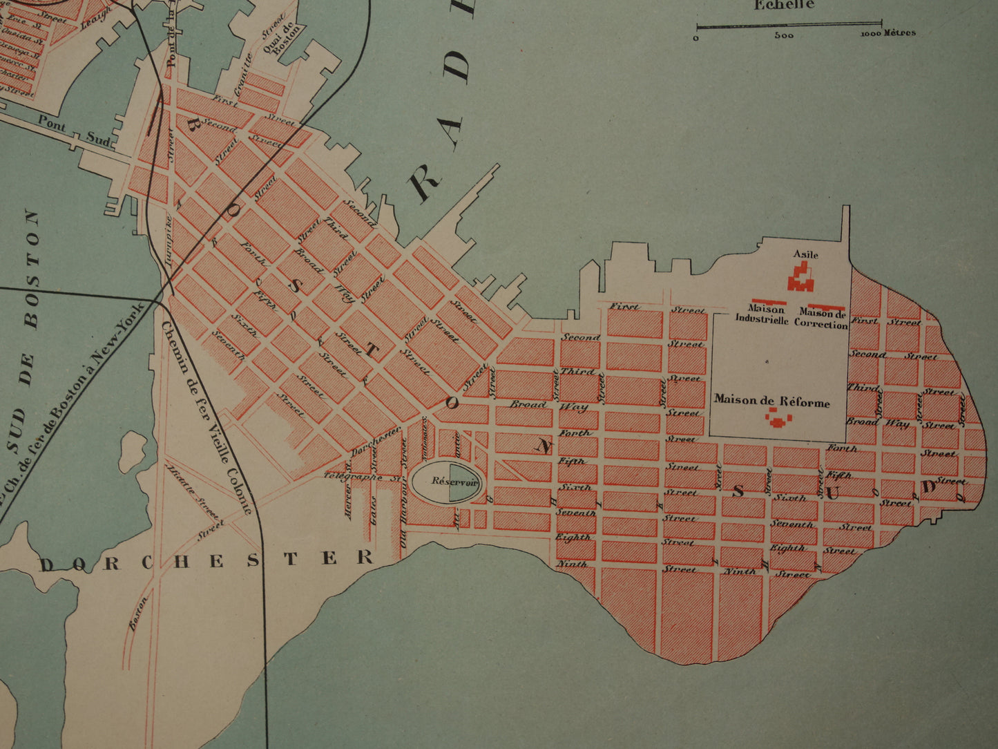 BOSTON oude plattegrond uit 1877 originele antieke Franse kaart van Boston